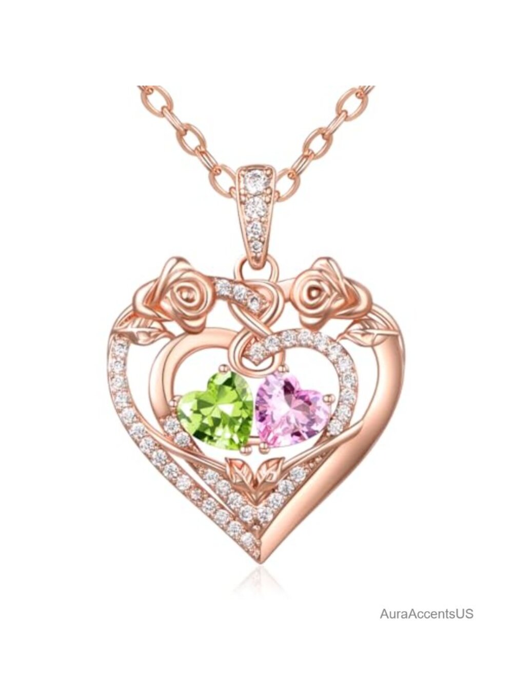 14K Rose Gold Double Heart Birthstone Pendant Necklace Gift for Wife